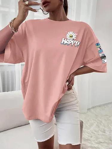 Vista 4 de MISSACTIVER Camiseta de gran tamaño con estampado de letras florales para mujer, cuello redondo, hombros caídos, manga corta, casual, camiseta