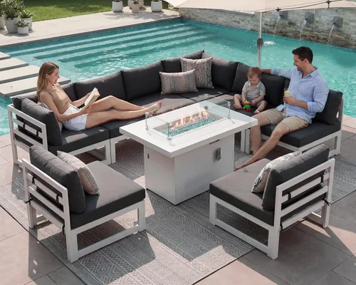 Vista 48 de BULEXYARD - Sofá modular de aluminio para exteriores con mesa para fogata, 7 piezas, color verde azulado