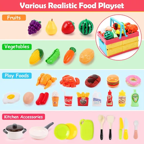 Vista 2 de HOLYFUN Juego de juguetes de comida para niños, cesta de la compra con accesorios de corte de frutas y verduras, olla y sartén, platos de plástico