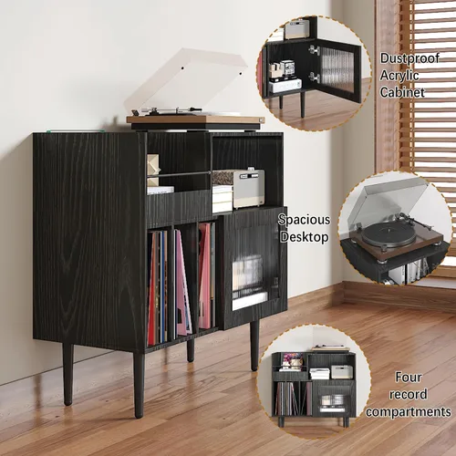 Vista 3 de HedoAjim Soporte grande para tocadiscos con almacenamiento de vinilo, soporte para tocadiscos con puerta acrílica, mesa auxiliar para tocadiscos