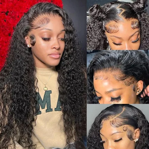 Vista 16 de Pelucas con malla frontal de onda profunda 13x4, cabello humano pre-sacado, 180% de densidad, 9A, sin pegamento, pelucas de cabello humano mojadas