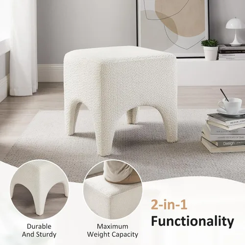 Vista 4 de Taburete Otomano Cuadrado Moderno de 17" Boucle, Taburete de Tocador para Maquillaje, Reposapiés Rectangular para Sofá, Taburete Otomano Tapizado