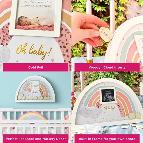 Vista 4 de Kate Aspen Marco de arco iris alternativo para baby shower con 30 nubes de madera, marco para imagen de ecograma, decoración de baby shower arcoíris