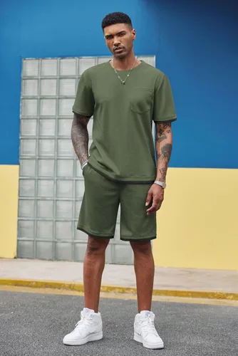 Vista 10 de COOFANDY Conjunto de camisa y pantalones cortos de gofre para hombre, conjunto de 2 piezas, conjunto casual de verano con bolsillos