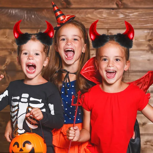 Vista 5 de LOMIMOS Halloween Red Devil Horns Headband, Demon Hairband with Plush Costume Accessories for Kids Women Men Party Fancy Dress Cosplay Festival