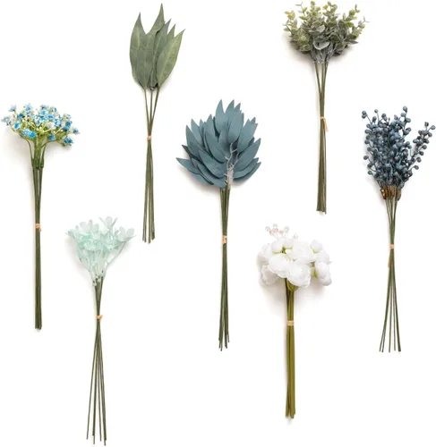 Vista 14 de Ling's moment - Juego de tallos de vegetación artificial verde, 36 piezas con 8 tipos de flores artificiales para ramos de novia de bricolaje Negro