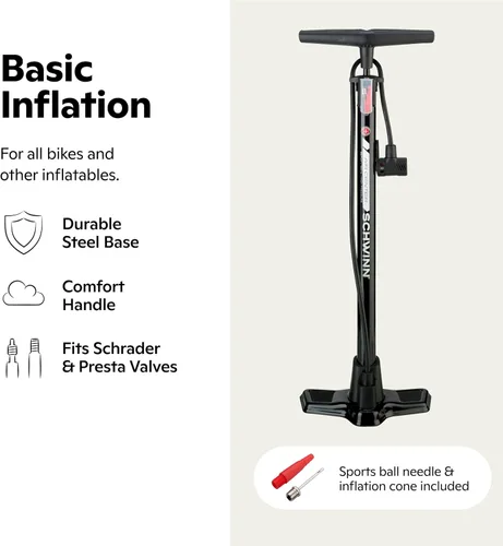 Vista 2 de Schwinn Serie Air Center o bomba de piso básica, para una gama de bicicletas, 100, 120 o 160 PSI, mango de agarre suave, cabezal doble para válvulas