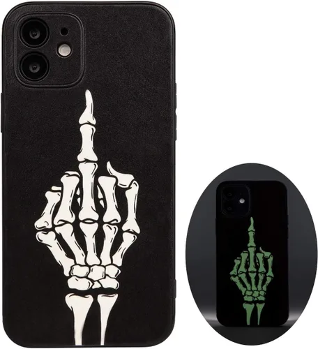Vista 23 de X spirit Funda genial para iPhone 11, diseño de esqueleto de calavera, estilo gótico atrevido emo luminoso, dedo medio, rock n roll, se ilumina