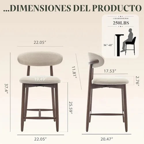 Vista 2 de Taburetes de bar tapizados de altura de mostrador, sillas de isla de cocina con respaldo, taburetes de mostrador modernos con patas de madera