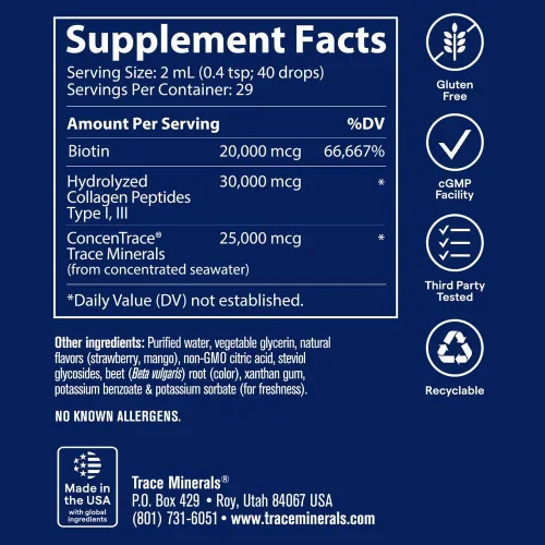 Vista 3 de Trace Minerals Suplemento iónico de biotina + colágeno, 75,000mcg, 2 oz