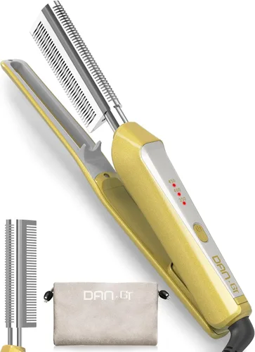 Vista 9 de Peine caliente de titanio en forma de V para pelucas y cabello negro natural, peine de presión de doble voltaje de 100-240 V con 3 ajustes de calor