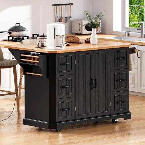 Vista 13 de Isla de cocina de 2 hojas caídas sobre ruedas, carrito de cocina rodante con tomas de corriente, mesa de isla de cocina con 2 gabinetes