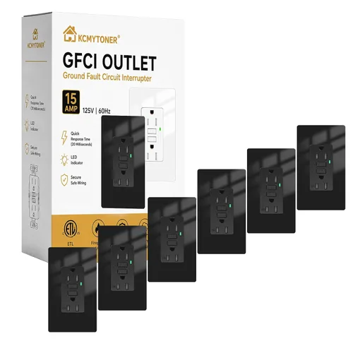 Vista 46 de Toma GFCI negra de 15 amperios con puertos USB C y USB-A, 1 unidad de 24 W de autotprueba GFCI USB Combo con indicador LED, resistente a
