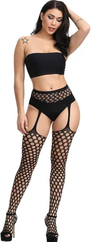 Vista 3 de Confonze Medias de rejilla de cintura alta para mujer, con tirantes y medias hasta el muslo, color negro, talla única