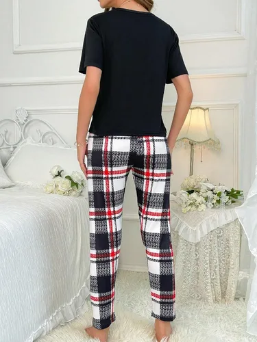 Vista 2 de Floerns Conjunto de pijama de 2 piezas para mujer, camiseta y pantalones con estampado a cuadros