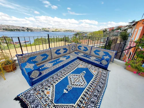 Vista 3 de arabicsofa Juego de sofá árabe en forma de U - Asiento modular azul real para habitación de invitados