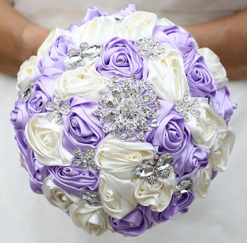 Vista 14 de Sharebeauty Ramo de novia de satén hecho a mano de 7.9 pulgadas, ramo de boda, ramo de flores artificiales