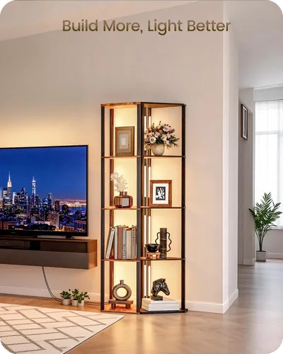 Vista 8 de Estante de exhibición de 64.2 pulgadas con luz, lámpara de pie de esquina moderna con estantes, lámpara de pie LED regulable con control remoto