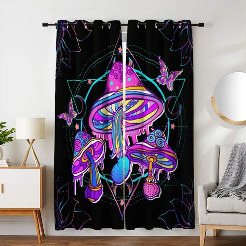 Vista 2 de HOSIMA Cortinas mágicas de hongos 2 paneles, cortinas de mariposa floral con mandala para sala de estar, decoración de habitación de moda para niñas