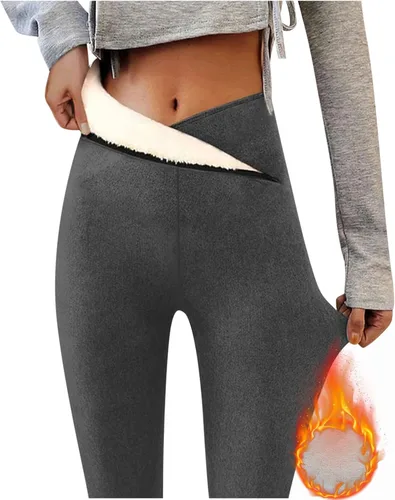 Vista 5 de Ayolanni Pantalones ajustados con forro polar para mujer, cintura cruzada, color sólido, grueso, cálido para clima frío