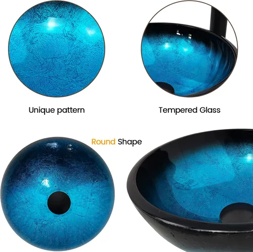 Vista 5 de Fregadero de baño de 12 pulgadas, lavabo de vidrio templado, cuenco redondo con grifo combinado, azul