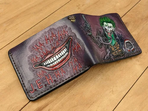 Vista 4 de Men's 3D Genuine Leather Wallet, Hand-Carved, Hand-Painted, Leather Carving, Custom wallet, Personalized wallet, Joker, Laugh HA HA HA, Smile, Face