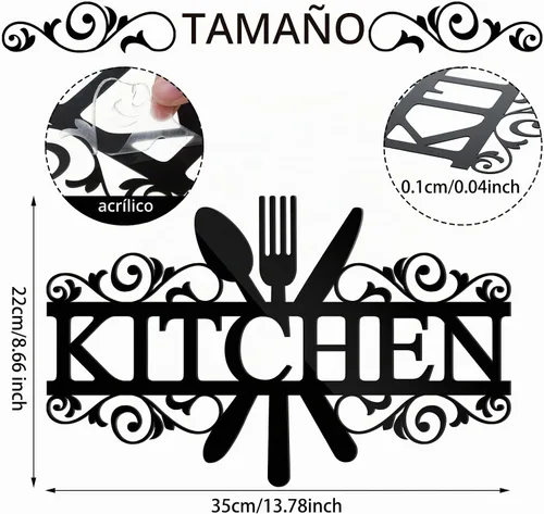 Vista 2 de Spakon Calcomanías de pared para cocina, calcomanías acrílicas, decoración de pared de cocina, decoración de espejo 3D para comedor y hogar (negro)