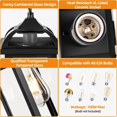 Vista 7 de Lámpara colgante grande para exteriores de 16 pulgadas, lámpara de araña exterior de aluminio antioxidante para porche con vidrio transparente