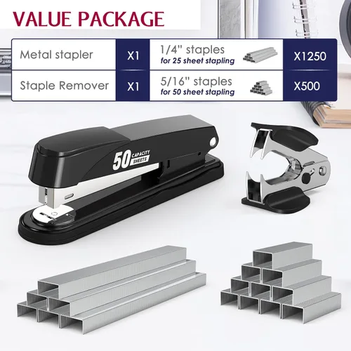Vista 2 de Engrapadora de metal resistente con capacidad de 50 hojas con 1750 grapas y removedor de grapas, grapadoras de tira completa para escritorio, sin