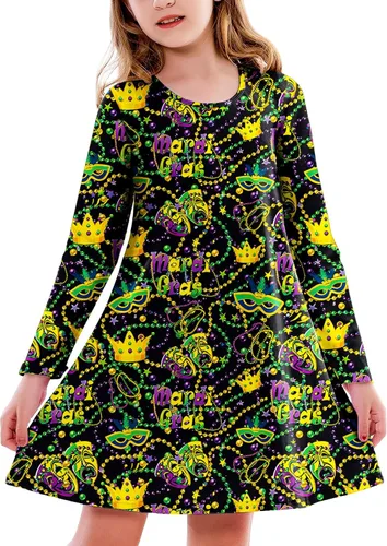 Vista 17 de Deerose Vestido de manga larga para niñas del día de San Patricio Mardi Gras, de 3 a 14 años Navidad café