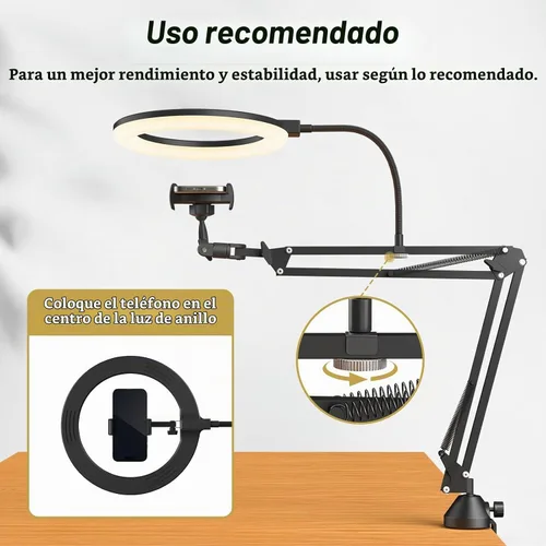 Vista 8 de TONOR Kit de luz de anillo superior, luz de anillo de 10 pulgadas con brazo de pluma Heayy Duty y soporte para teléfono, ángulo ajustable, adecuado