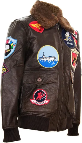 Vista 3 de Chaqueta bomber de piel de vuelo Air Force A2 para hombre con cuello de oveja y parches