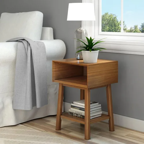 Vista 16 de Plank+Beam Mesa auxiliar de madera con almacenamiento, mesas auxiliares modernas de mediados de siglo para sala de estar, mesita de noche pequeña