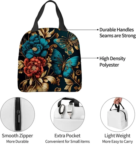 Vista 6 de OOZ Lonchera térmica para mujeres y hombres, hermosas flores doradas y mariposas, reutilizable, a prueba de fugas, para el trabajo, oficina, picnic