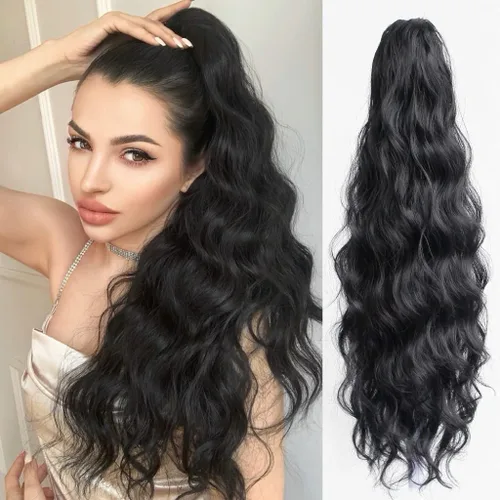 Vista 36 de Extensión de cola de caballo de garra negra natural ondulada de 16 pulgadas, extensiones de cabello sintético rizado con clip, extensiones