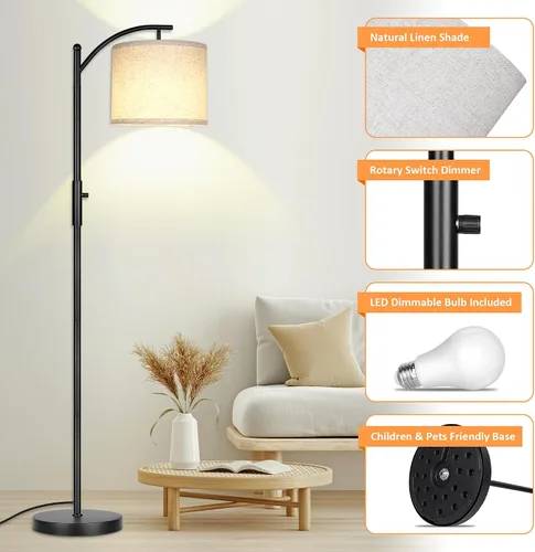 Vista 6 de ROTTOGOON Lámpara de pie regulable, lámparas de pie de arco para sala de estar, lámpara de pie moderna de atenuación continua con pantalla de lino