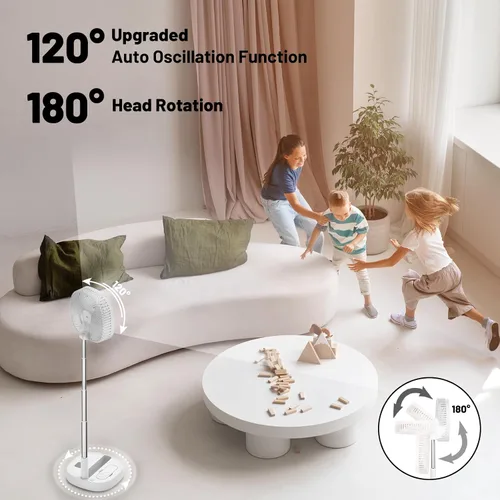Vista 3 de Ventilador de pedestal oscilante portátil con Romote, 4 velocidades de rotación telescópica de 120°, ventiladores plegables plegables de pie, 7200