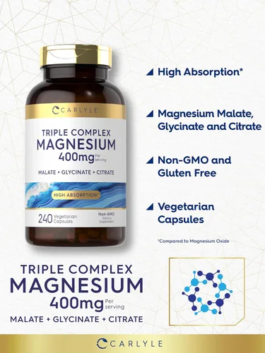 Vista 4 de Carlyle Complejo triple de magnesio 400 mg 240 cápsulas Malato de magnesio, glicinato y citrato Suplemento vegetariano, sin OMG y sin gluten