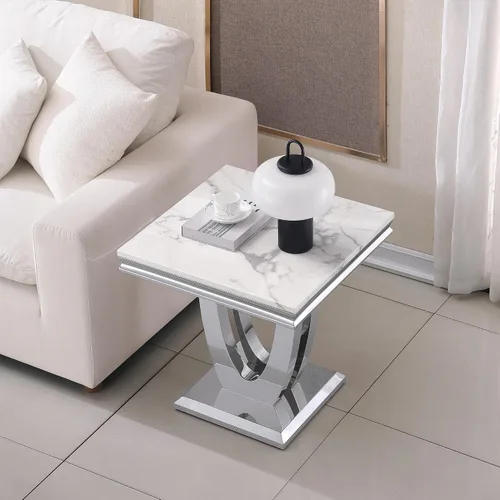Vista 6 de Mesa auxiliar cuadrada moderna de mármol sintético plateado con parte superior de mármol sintético de 0.71 pulgadas de grosor, base de acero