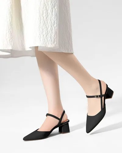 Vista 2 de Coutgo Zapatos de tacón bajo y grueso para mujer, tacón puntiagudo cerrado, para boda, fiesta, vestido