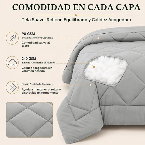 Vista 3 de CozyLux - Juego de edredón matrimonial de 82 x 86 pulgadas, color gris Gris claro