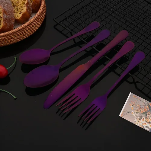 Vista 5 de JASHII Juego de cubiertos de 20 piezas con acabado satinado, servicio para 4, juego de cubiertos de titanio, juego de utensilios de color morado