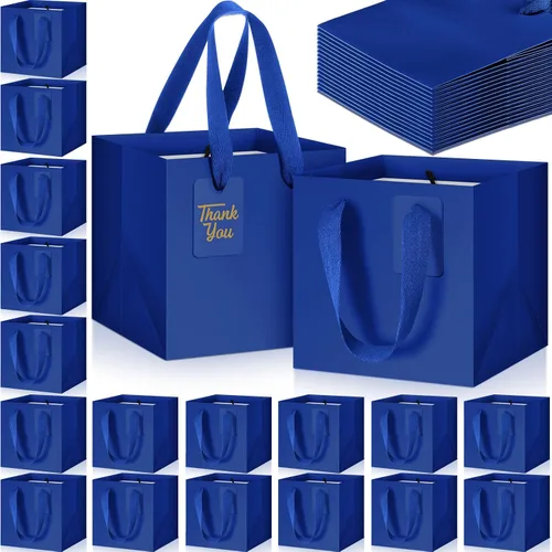 Vista 10 de Windyun 25 mini bolsas de regalo de papel con asa de 6 x 6 x 6 pulgadas, pequeñas bolsas cuadradas con etiqueta de agradecimiento para Navidad