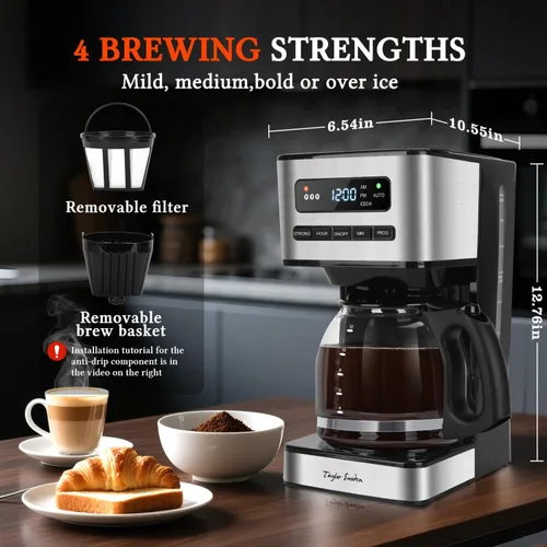 Vista 5 de Taylor Swoden Cafeteras programables de 12 tazas, cafetera para café caliente y café helado, 4 niveles de intensidad de preparación, pantalla LED