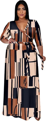 Vista 17 de Runwind Vestidos de Talla Grande para Mujeres Vestido Maxi Floral Suelto Manga 3/4 con Cinturón 01-Negro