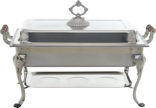 Vista 2 de Adcraft Juego de chafer Lafayette de 8 cuartos con diseño oblongo, asas de madera y accesorios completos para catering y servicio de buffet