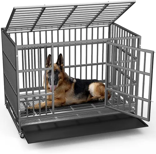 Vista 9 de LEMBERI - Jaula para perro indestructible y resistente de 48/38 pulgadas, a prueba de escapes con ruedas bloqueables, doble puerta para evitar