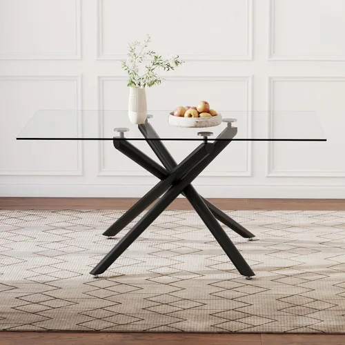 Vista 3 de Mesa de comedor rectangular de cristal minimalista grande y moderna para 6 y 8 pulgadas con mesa de vidrio templado de 0.39 pulgadas y patas
