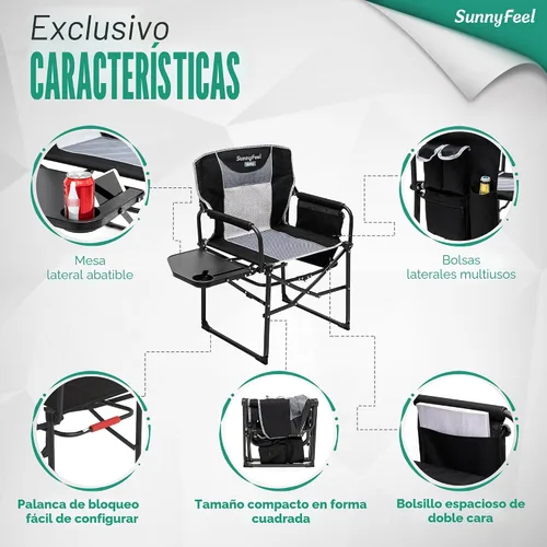 Vista 6 de SUNNYFEEL Silla de Directores de Camping, Silla Plegable Portátil de Gran Tamaño con Mesa Lateral, Bolsillo para Playa, Pesca, Viaje, Picnic