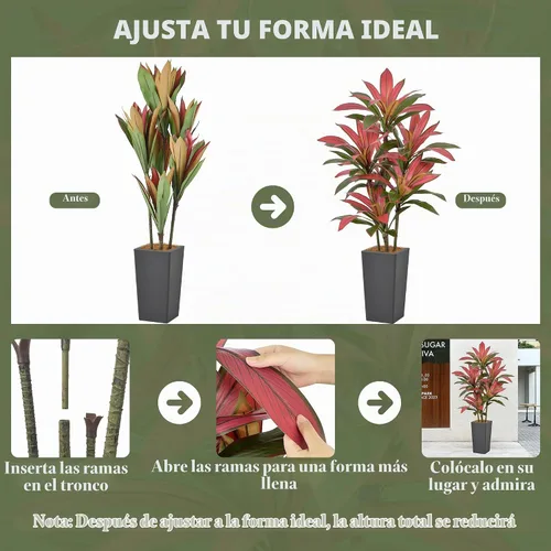 Vista 6 de Roselywed - Árbol de Dracaena artificial rojo de 5 pies, 90 hojas y maceta Maceta alta gris